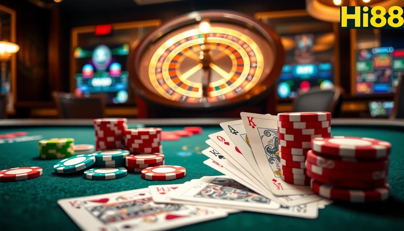 Players enjoying high-stakes games at Hi88 casino table with vibrant poker chips and roulette.