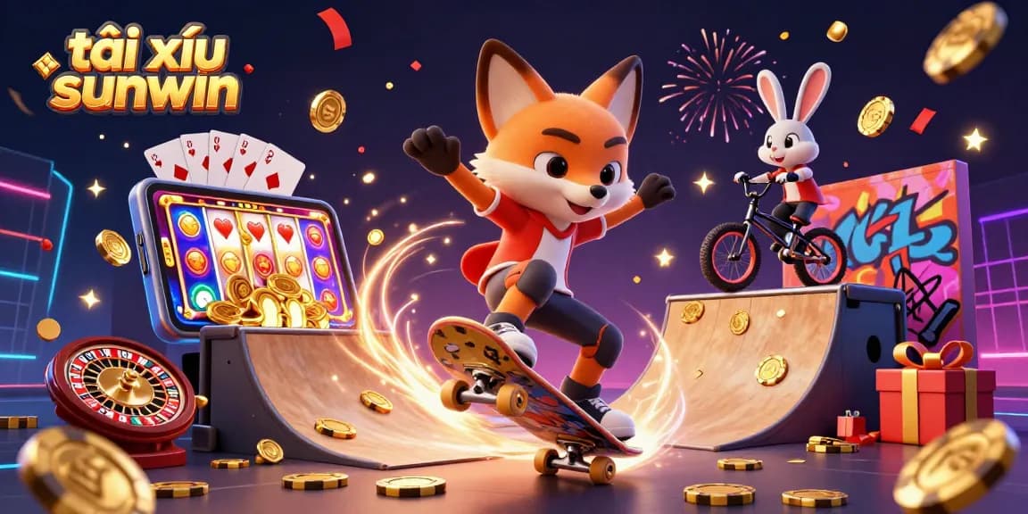 Engage with tài xỉu sunwin through a vibrant 3D scene of a skateboarding fox and BMX rabbit in a casino.