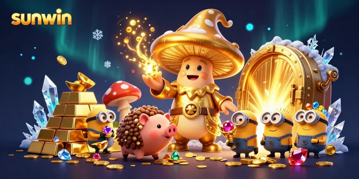 Join sunwin's wizard as he unleashes treasures and spins fortunes in this vibrant casino scene.