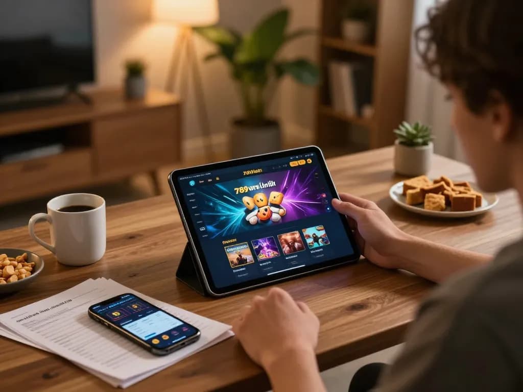 Engaging online gaming setup showcasing 789win link on tablet with strategic betting notes.