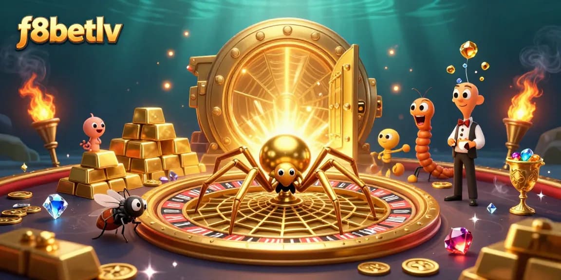 Experience the thrill of betting at f8betlv with a colorful, animated casino scene featuring a spider, croupier, and treasure.