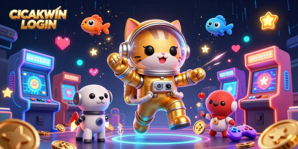 CICAKWIN LOGIN screen showing a vibrant 3D scene with cartoon characters and gaming elements intertwined in a dynamic casino theme.