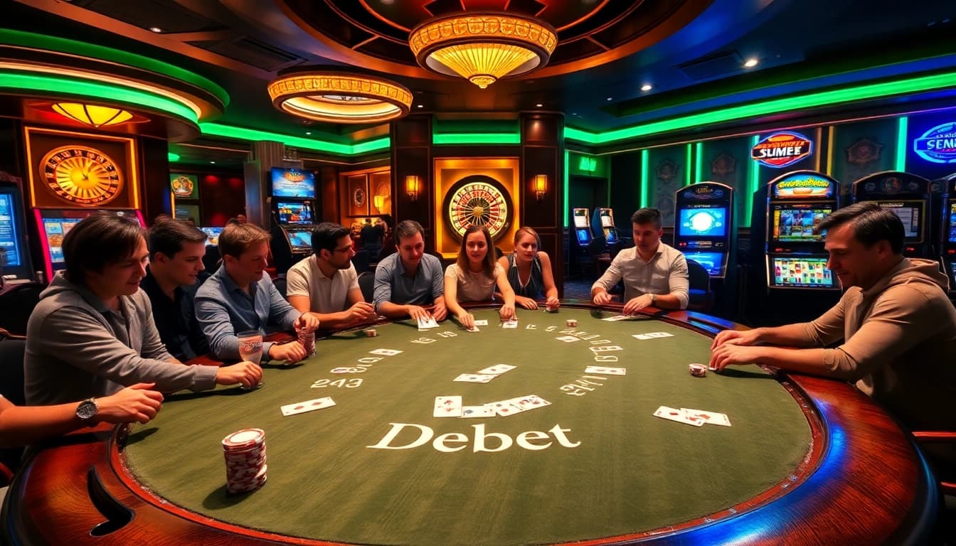 Players enthusiastically engage in poker at a luxurious gaming table featuring Debet branding.