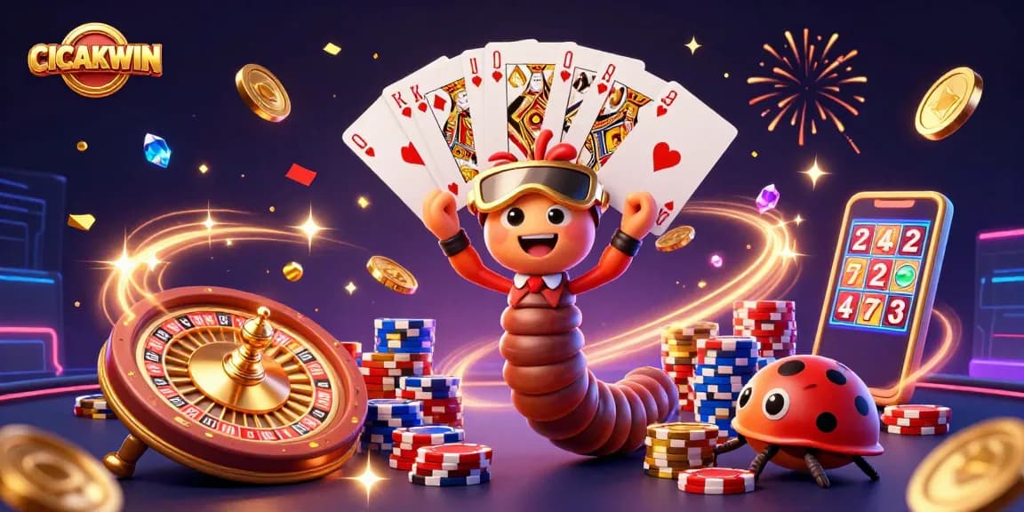 CICAKWIN showcases a lively casino scene with a millipede dealer, vibrant chips, and flying coins
