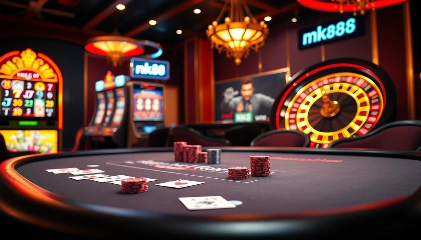 Experience excitement at nk88's elegant casino table with chips and cards in play.