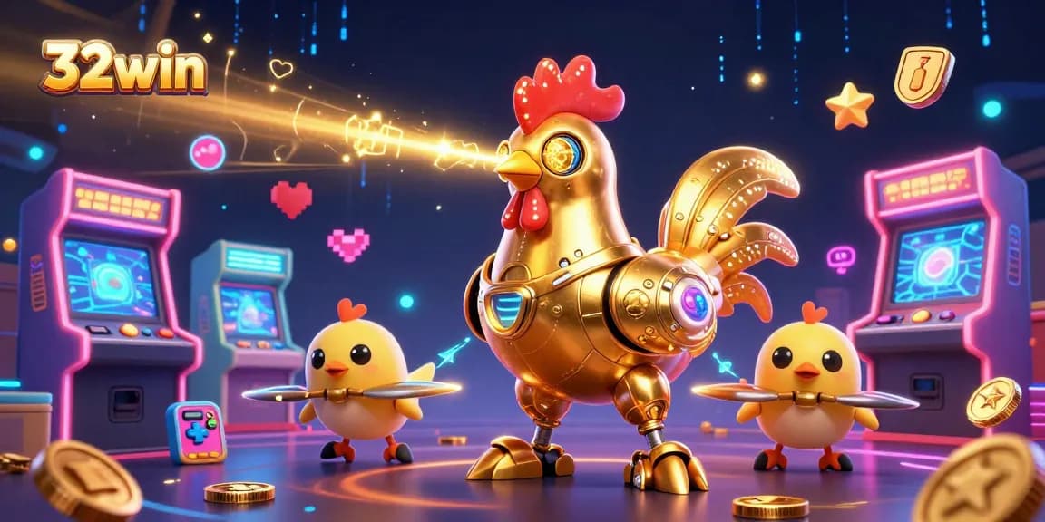 32win showcases a golden rooster robot in a vibrant 3D casino environment, engaging players with exciting games.