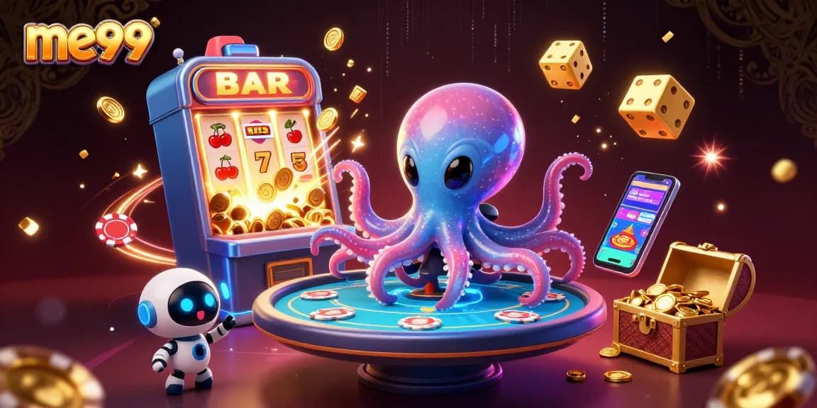 me99 showcases thrilling casino action with a vibrant alien octopus and robotic companion.