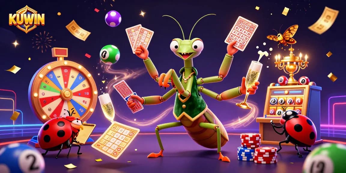 Engage with KUWIN's vibrant gambling experience featuring a giant card sharp and colorful winnings.