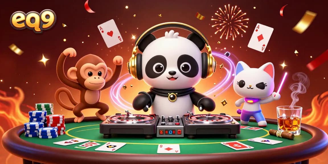 Experience gaming excitement at EQ9 with a DJ panda and vibrant casino scene.