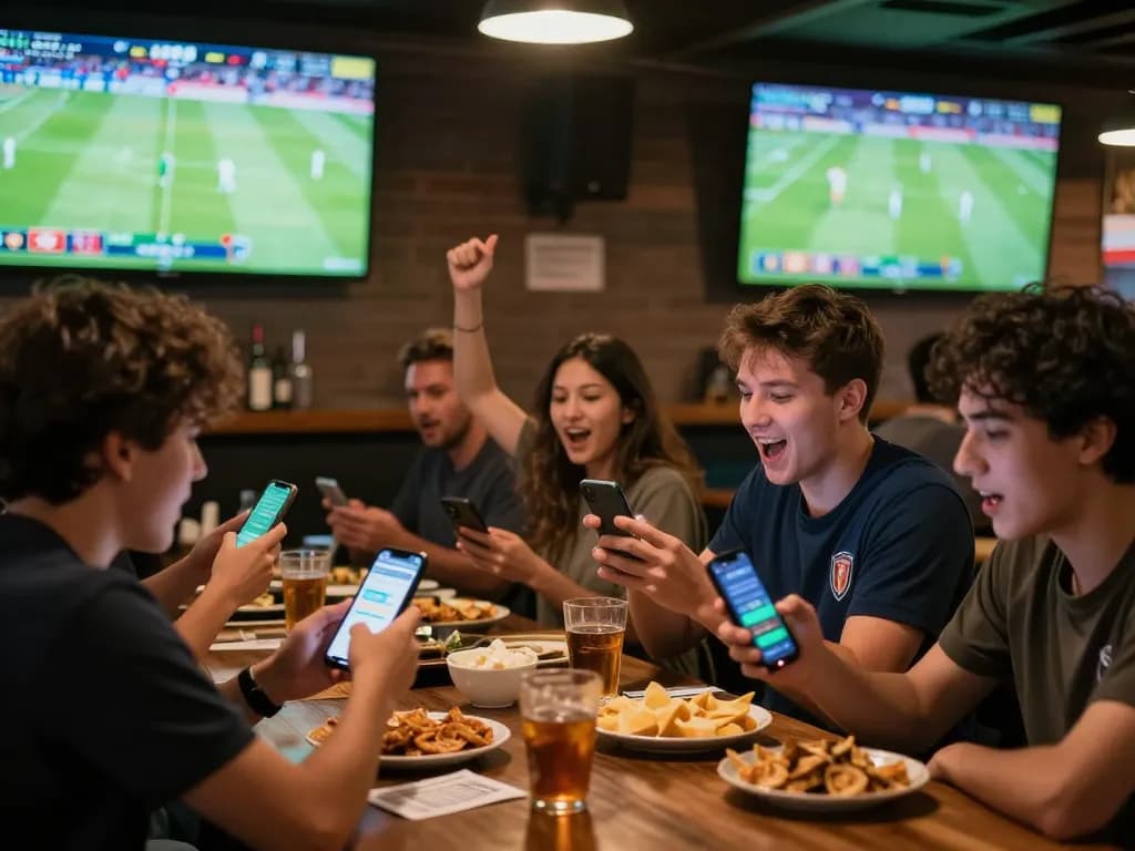Sports fans engaged with nowgoal betting app while watching live football match at sports bar.