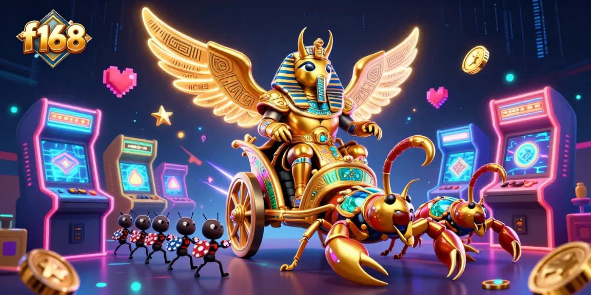 Experience thrilling gameplay with f168's vibrant casino illustration featuring animated characters and glowing game elements.