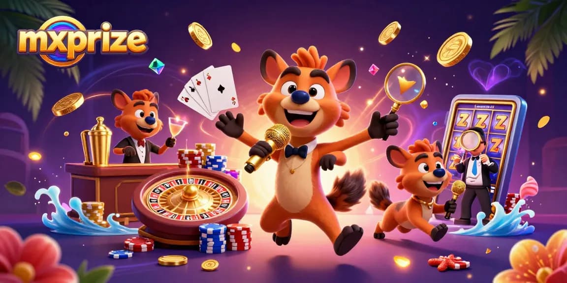 Engage with mxprize in a vibrant comedy casino scene featuring hyenas in action.