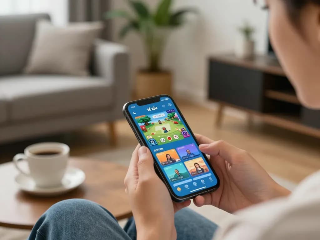 The user engages in gameplay using the app tài xỉu online, featuring a cozy home setup.