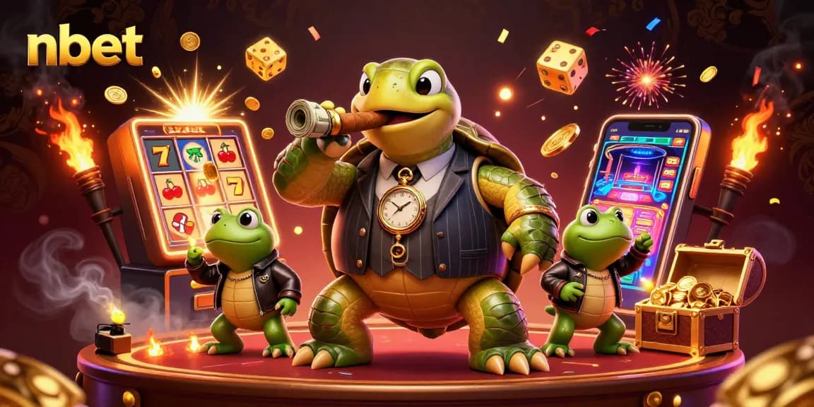 Experience the thrill of nbet with a mobster turtle and bullfrog enforcers at a vibrant casino scene.