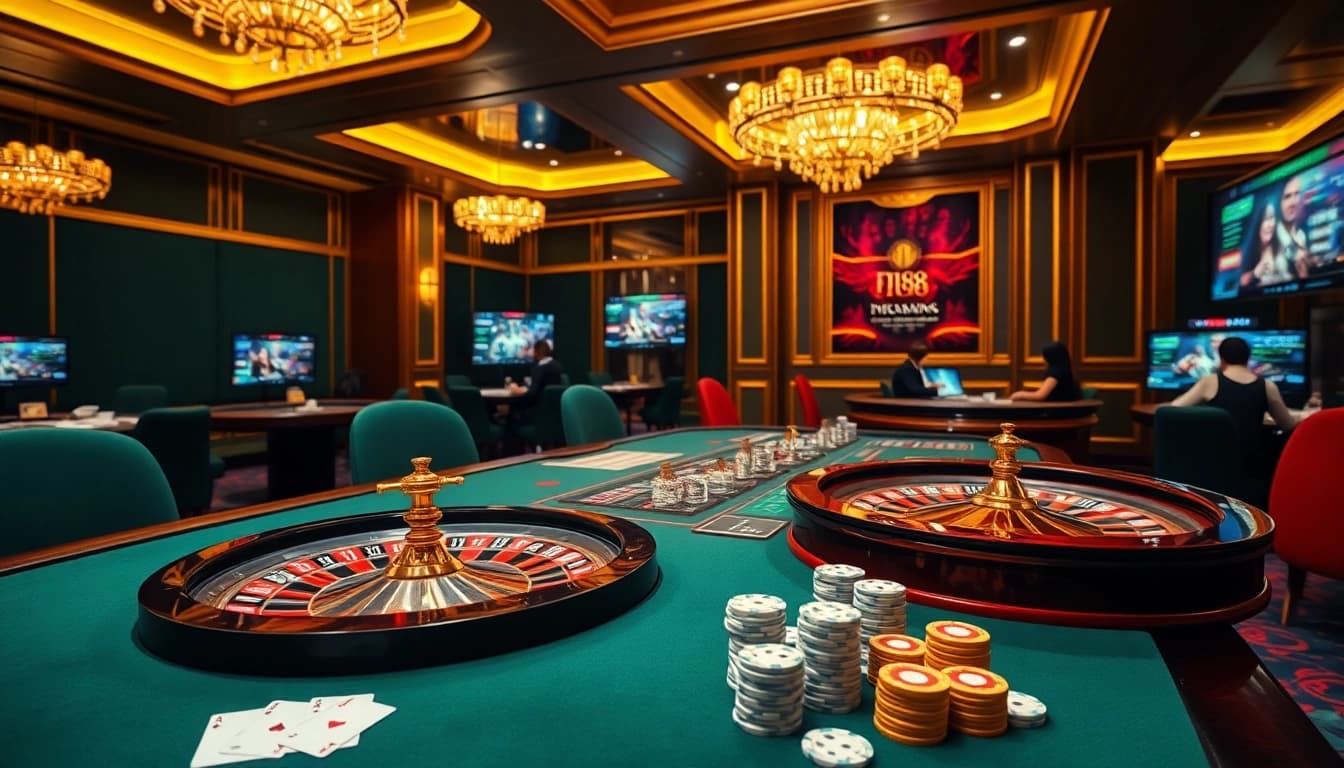 Experience thrilling gameplay at Nhà cái F168 with vibrant roulette tables and luxurious casino decor.