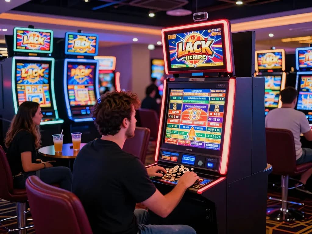 Player enjoying the Lucky 88 slot machine in a vibrant casino atmosphere with colorful lights.
