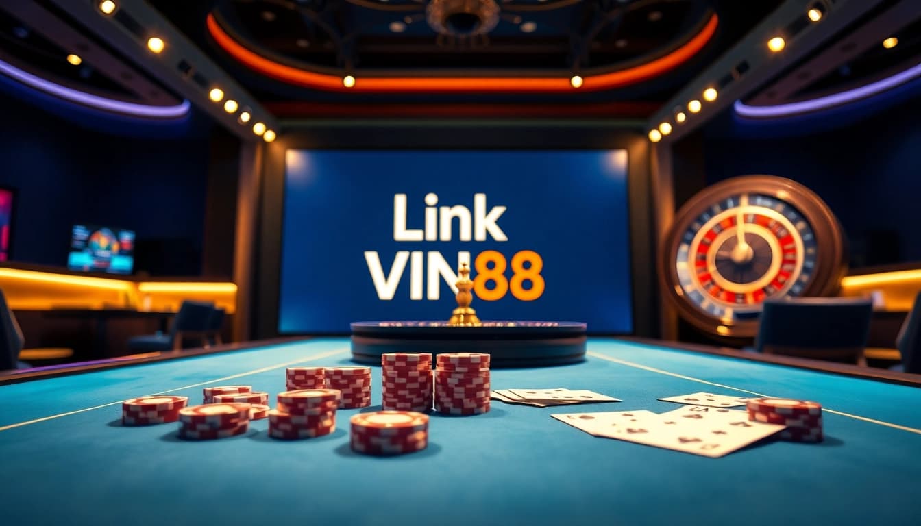 Experience the excitement of gambling at Link VIN88 with a luxurious casino scene featuring poker and roulette.