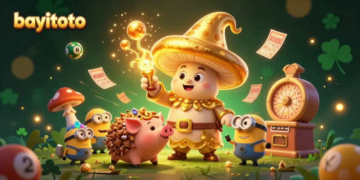 BAYITOTO unveils an exciting lottery scene, showcasing a magical golden wizard with a pig, rich in gaming detail.