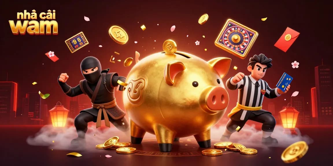 Experience the excitement at nhà cái vmax with the golden piggy bank, wallet ninja, and credit-card samurai in this vivid gambling scene.