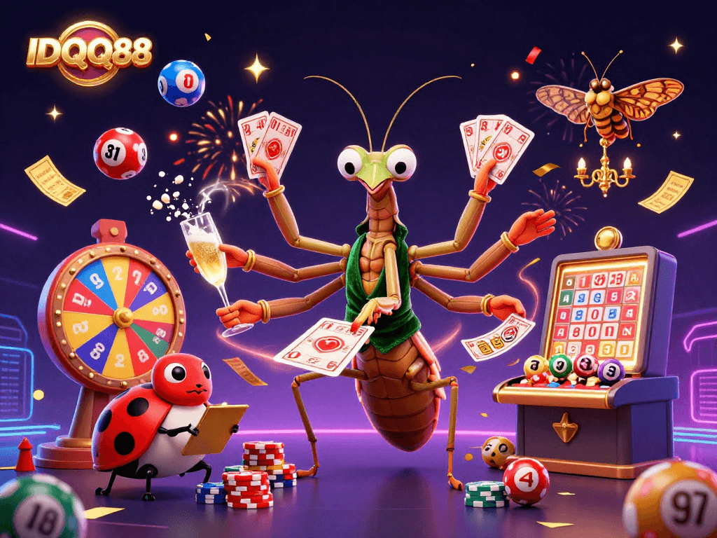 IDQQ88 showcases a lively 3D casino scene with a giant mantis card sharp and ladybug pit boss managing vibrant gambling elements.