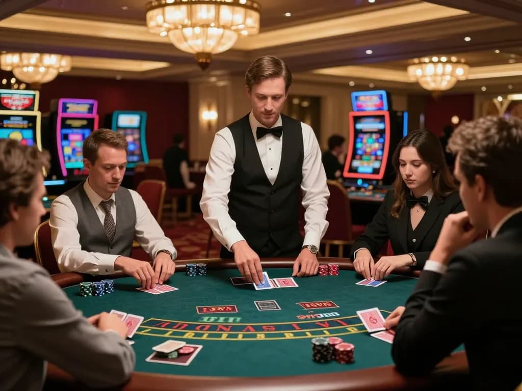 LLWIN players engaging in strategic blackjack gameplay at a luxurious casino table.
