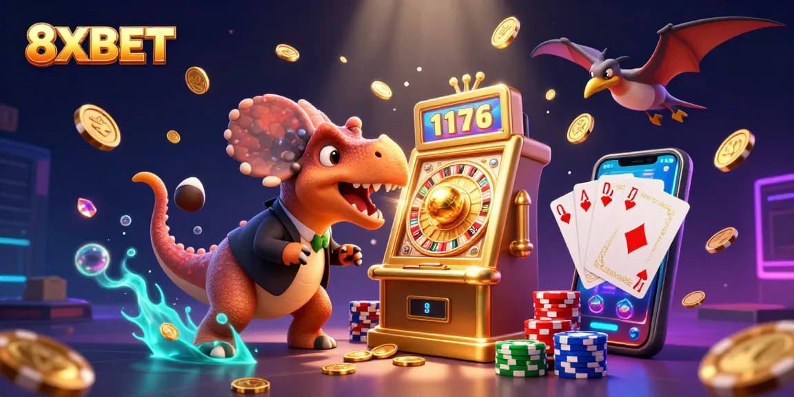 8XBET showcases dynamic 3D gambling illustration featuring dinosaur characters engaging with casino elements and gold coins.
