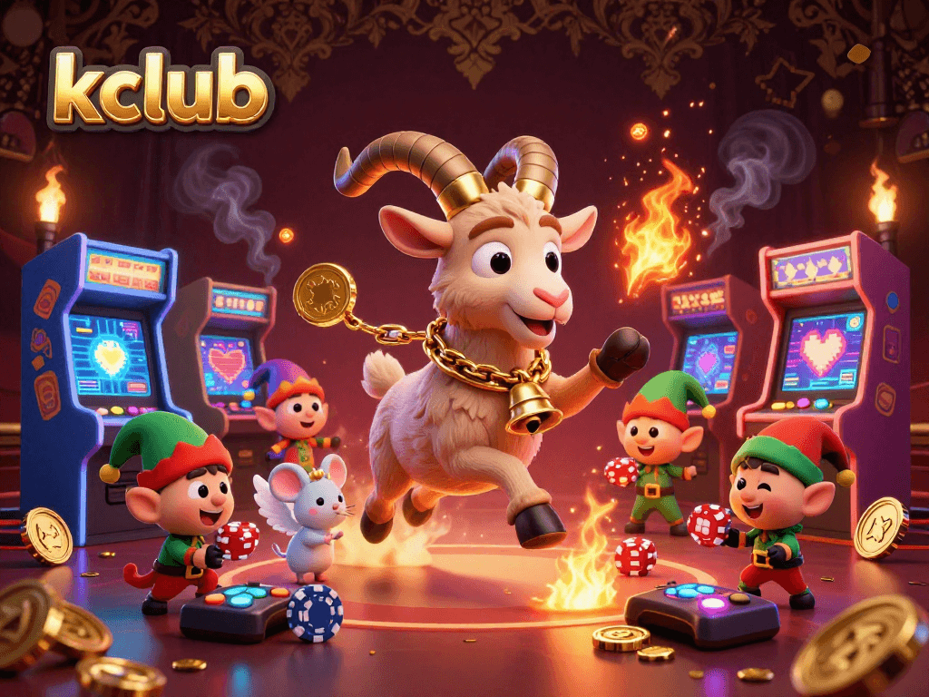 Engage with Kclub's thrilling casino adventure featuring Krampus and playful characters in action.