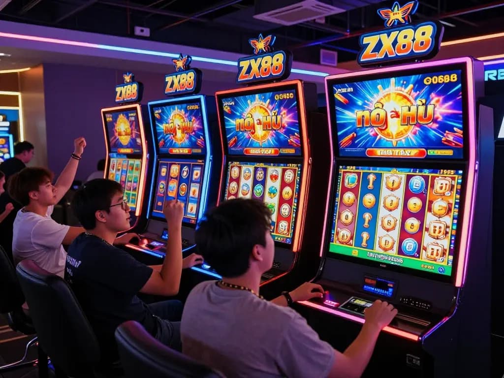 Exciting gameplay of ZX88 nổ hũ with players at vibrant digital slot machines celebrating thrilling wins.