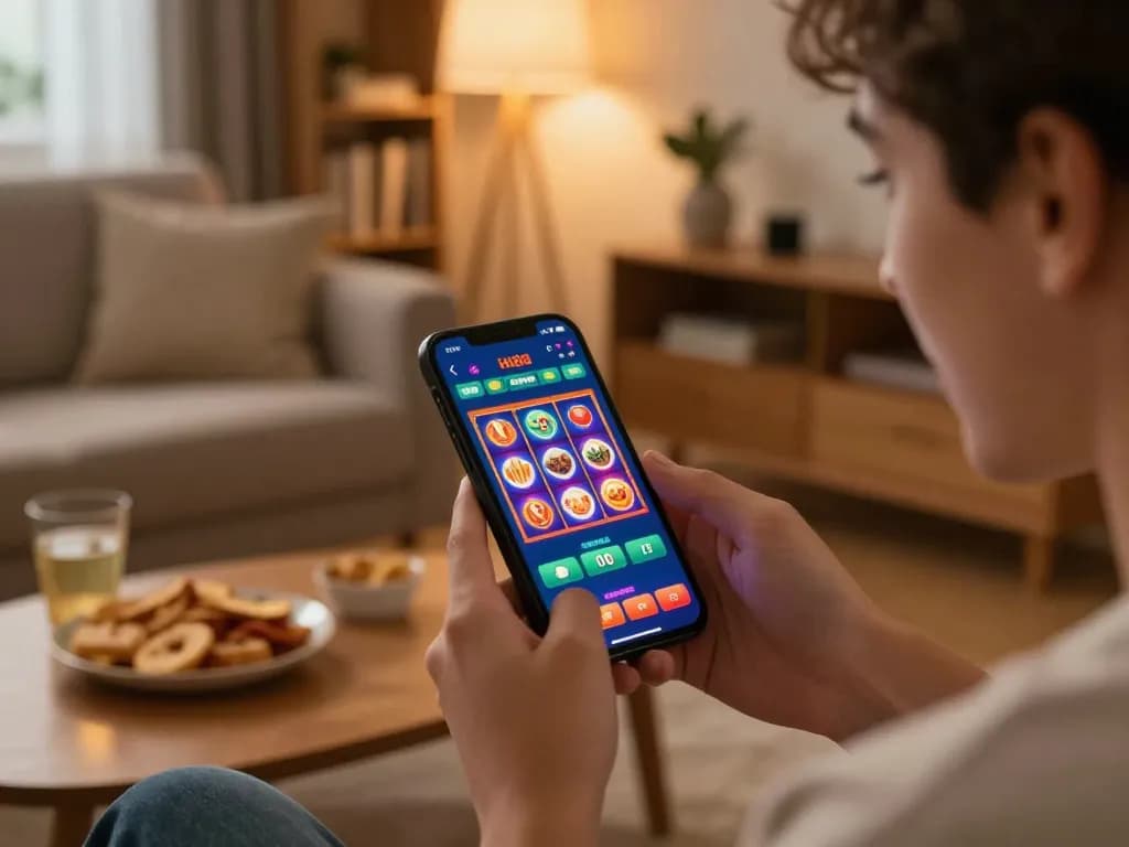 Engaging in Hi88 đăng nhập with a vibrant mobile casino app in a cozy home setting.