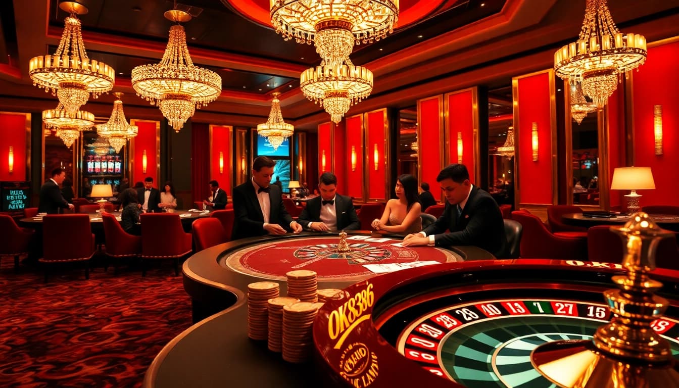 Players engaging in a high-stakes poker game at the OK8386 casino, showcasing luxury and excitement.