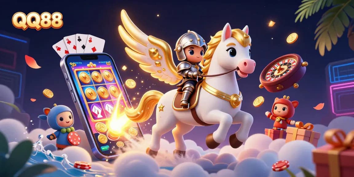 Experience QQ88 with a dynamic casino adventure featuring a celestial horse and gaming elements.