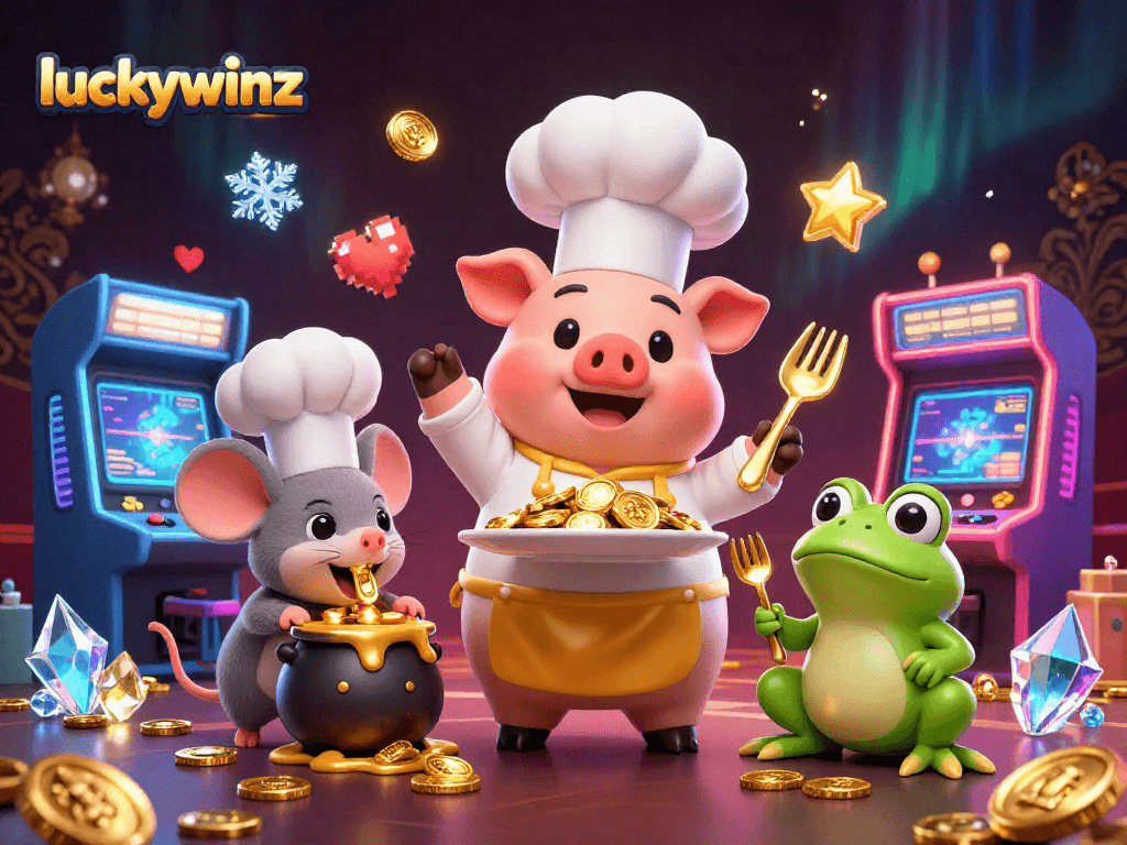 Experience the thrilling world of luckywinz as a chef pig serves gold coins amidst arcade games.
