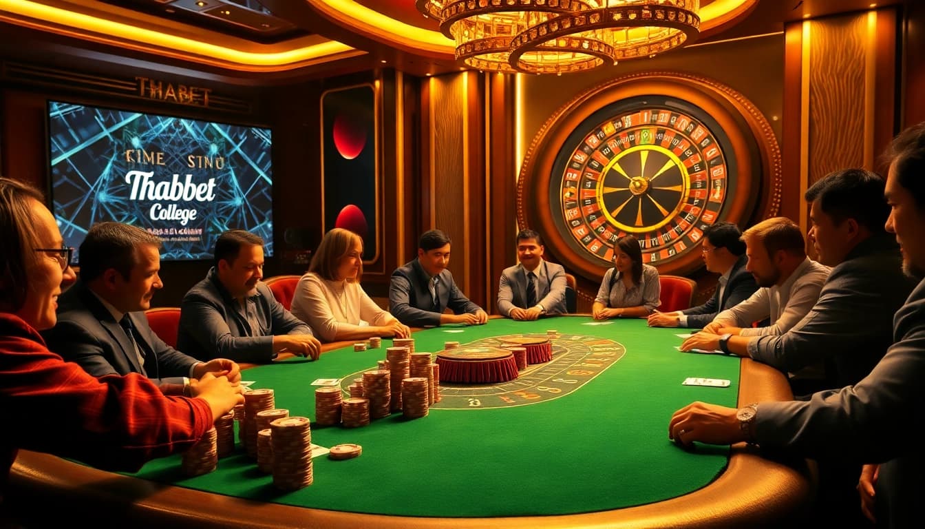 Thabet college poker players compete at a luxurious table in an exciting casino atmosphere.