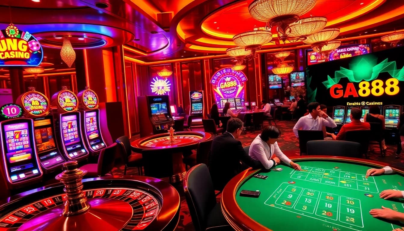 Experience the luxury and thrill of GA888 at a vibrant casino table with slot machines and poker action.