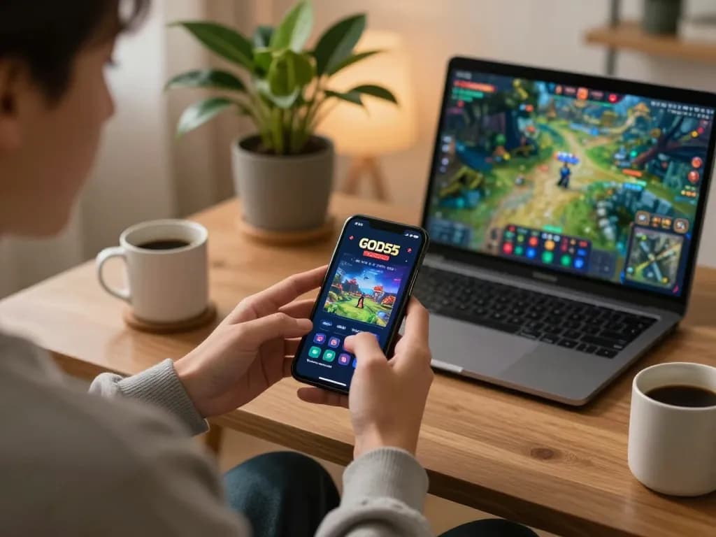 Engaging with the God55 casino app on a smartphone in a cozy home setting.