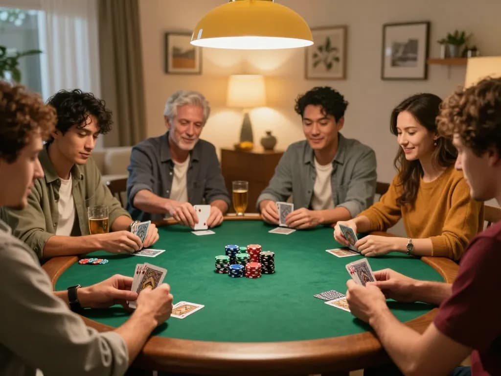 PHSKY players enjoying a lively home poker night, showcasing chips and cards in a cozy atmosphere.
