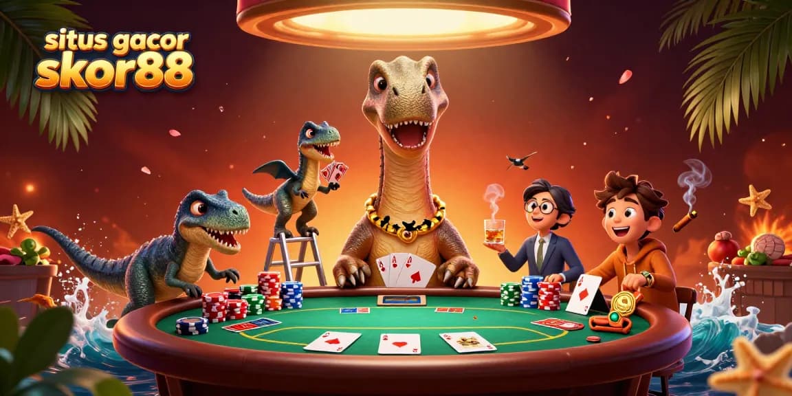 Situs gacor skor88 brings excitement as a brontosaurus watches a clever dealer at a poker game.