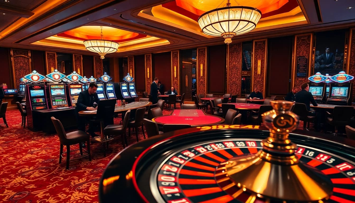 Players engaged in a thrilling poker game at 6FF casino, highlighting excitement and luxury.