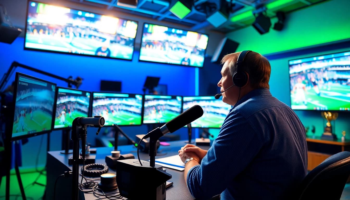 Captivating sports broadcasting scene showcasing an engaged announcer with lively monitors.