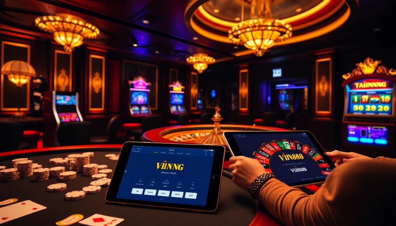 Experience an exciting game at TRANG CHỦ VIN88 with vibrant casino elements including roulette and poker.