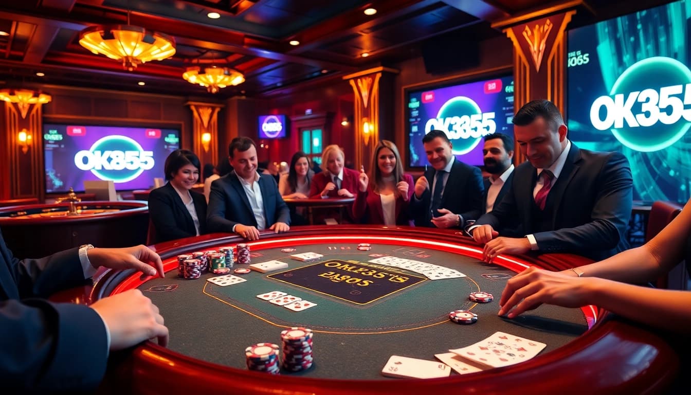 Gamblers placing bets on a poker table at OK365 casino, showcasing excitement and strategy.