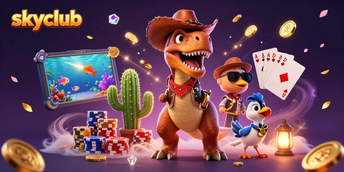 Engage in thrilling fish shooting at skyclub, featuring a T-Rex cowboy and vibrant underwater action.