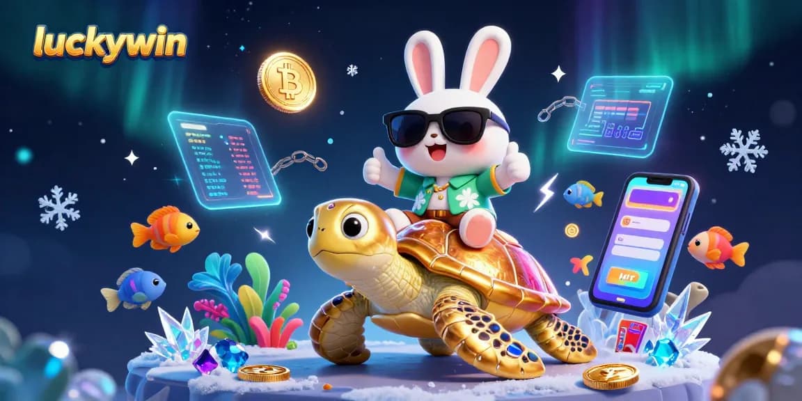 Experience luckywin gaming fun with a cartoon rabbit and turtle amidst vivid casino elements.