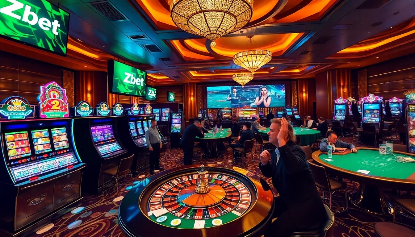 Zbet casino ambiance with players at poker tables and slot machines.