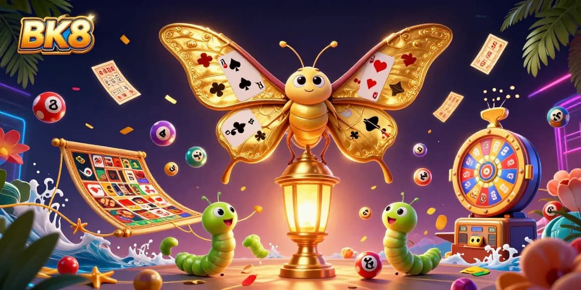 Win exciting prizes at BK8 with vibrant lottery balls and casino scenes in a colorful 3D illustration.
