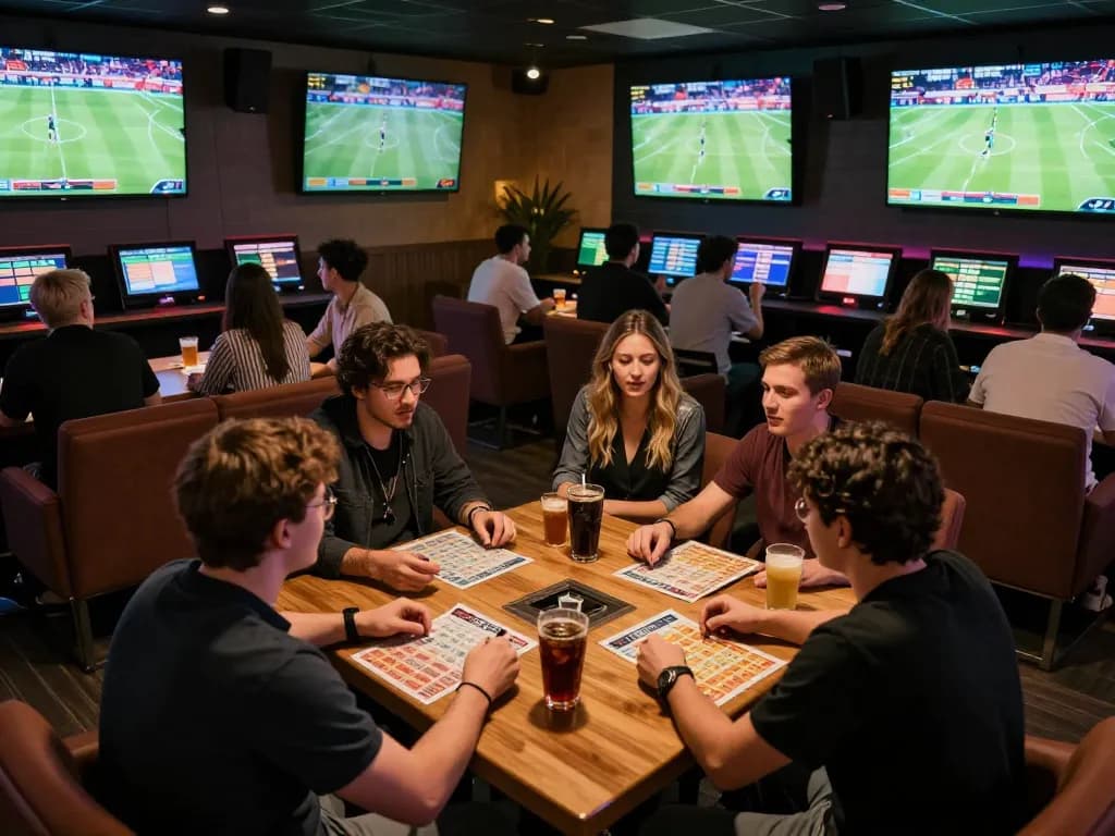 Nowgoal betting enthusiasts analyzing live sports scores in a lively sports betting lounge.