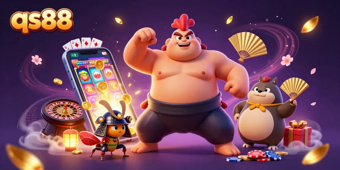 Experience thrilling gameplay action with qs88, showcasing a powerful sumo wrestler rooster and fierce cricket amid vibrant slot and card elements.