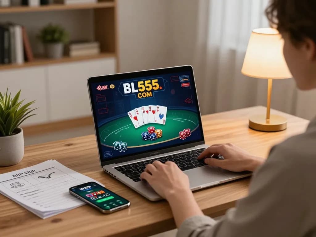 Engaging gameplay on BL555.COM with a player strategizing at a cozy home desk.
