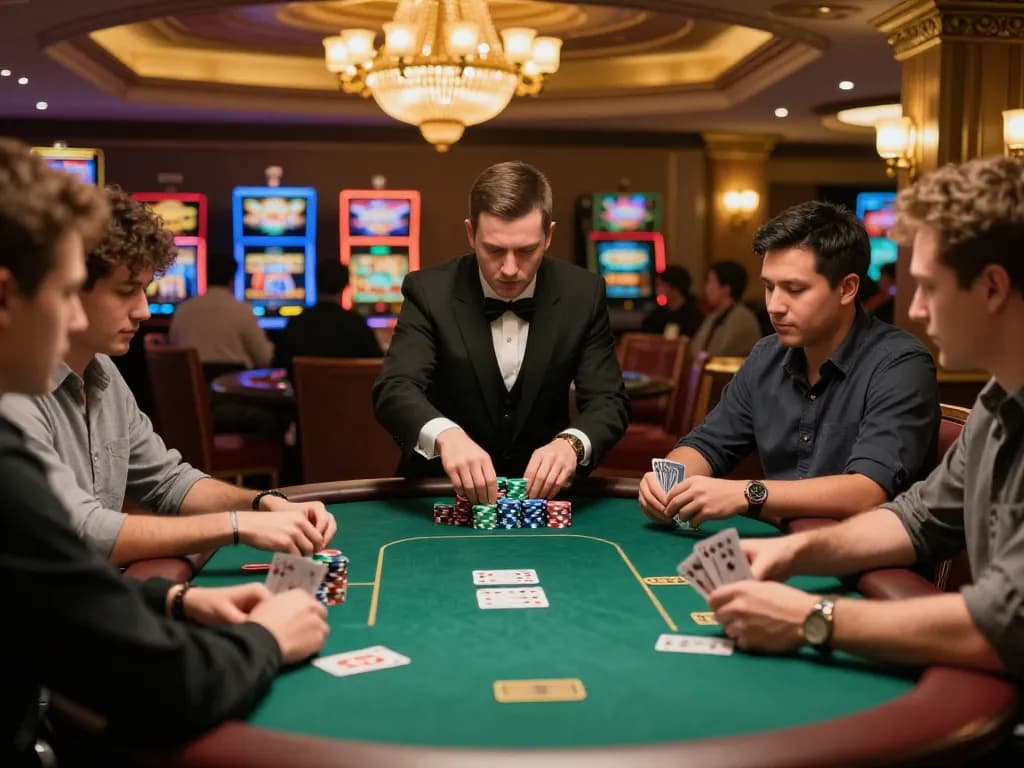 B52 club poker players strategizing intensely while chips shine under warm casino lights