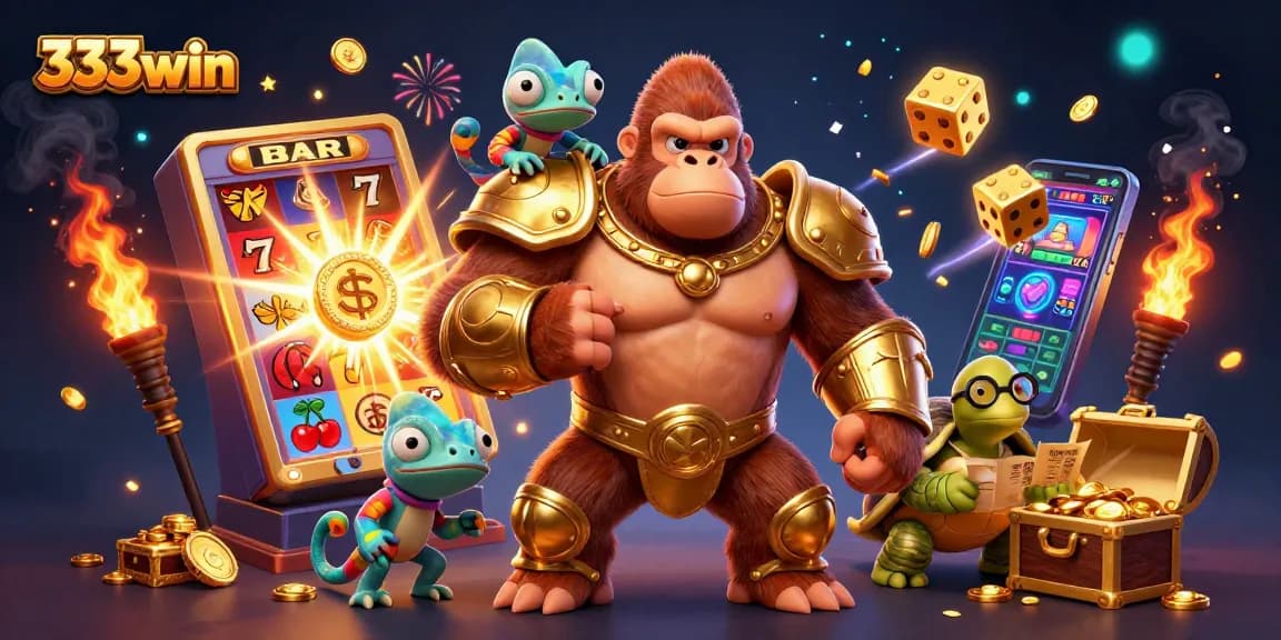 333win players engage with the dynamic slot game illustration featuring gorilla king and vibrant casino elements.